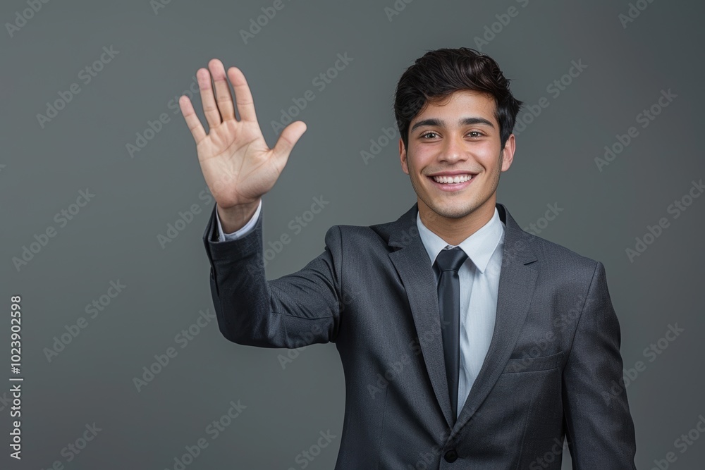 Portrait of a smiling man expressing success and greeting, showcasing happiness and warmth against a neutral backdrop Portrait of a smiling man expressing success and greeting, showcasing happiness and warmth against a neutral backdrop