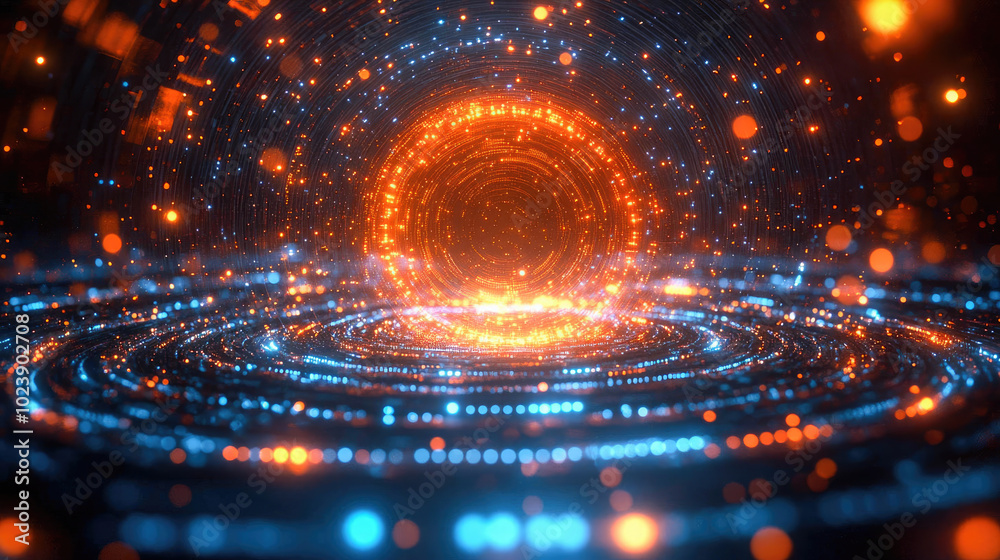 Futuristic technology center with glowing orange and blue lights forming a digital vortex. Abstract data and tech design Futuristic technology center with glowing orange and blue lights forming a digital vortex. Abstract data and tech design