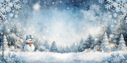 Snowman in snowy forest with copy space