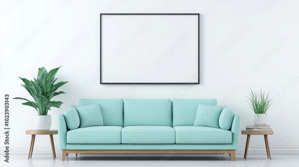A light blue sofa sits in front of a blank canvas in a minimalist living room. A light blue sofa sits in front of a blank canvas in a minimalist living room.