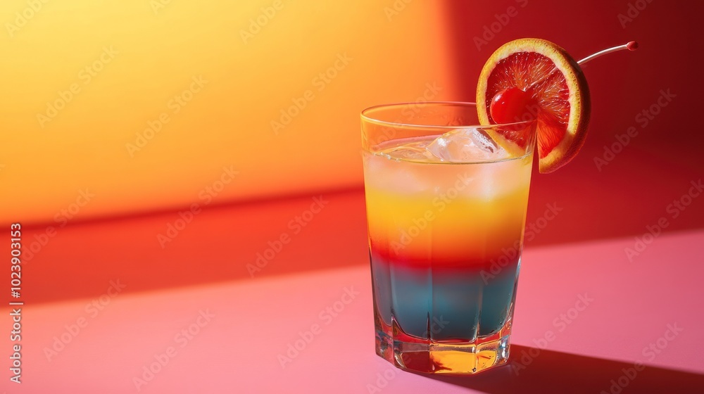 A layered cocktail with blue, yellow, and red layers garnished with an orange slice and a cherry, on a pink surface. A layered cocktail with blue, yellow, and red layers garnished with an orange slice and a cherry, on a pink surface.