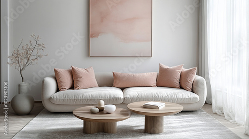 A stylish living room in japandi style, blending minimalism with natural warmth. The interior features a muted color palette dominated by beige, brown, and white. Simple furniture lines and natural ma