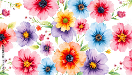 Watercolor wild flowers pattern isolated with white highlights, png