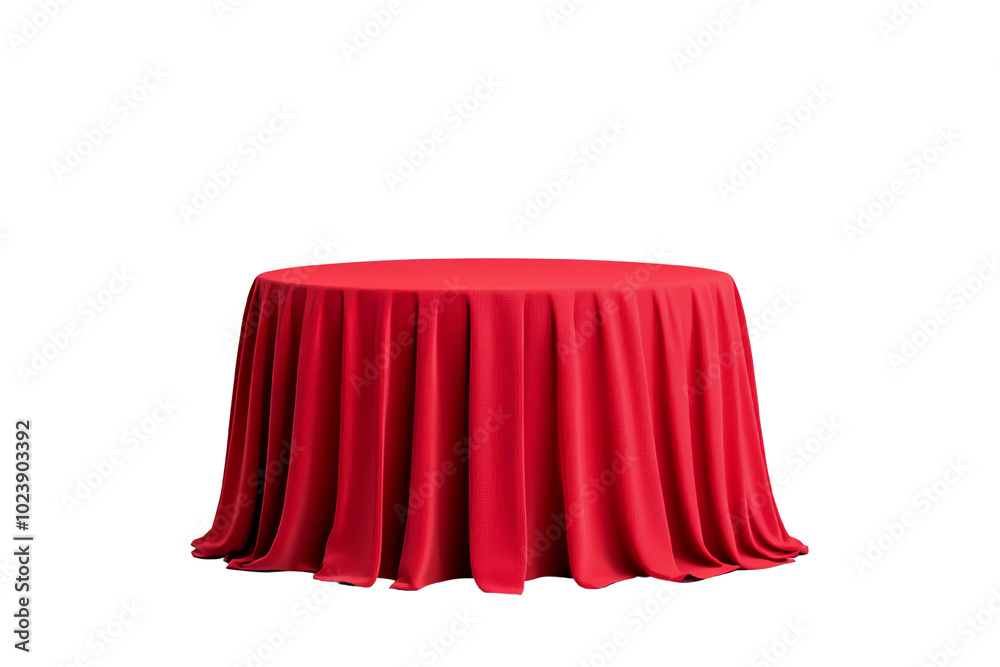 Red tablecloth draping over a round table, isolated on white background. transparent background Red tablecloth draping over a round table, isolated on white background. transparent background