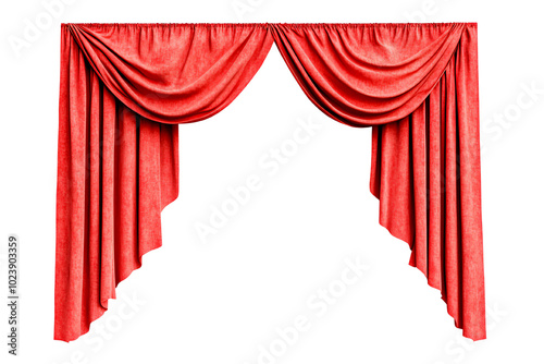 Red velvet stage curtain, beautifully draped on a white isolated background. transparent background