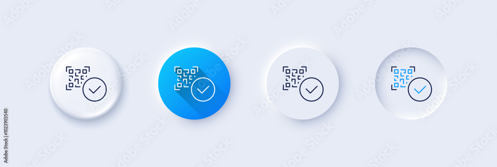 Qr code line icon. Neumorphic, Blue gradient, 3d pin buttons. Scan barcode sign. Approved certificate symbol. Line icons. Neumorphic buttons with outline signs. Vector Qr code line icon. Neumorphic, Blue gradient, 3d pin buttons. Scan barcode sign. Approved certificate symbol. Line icons. Neumorphic buttons with outline signs. Vector