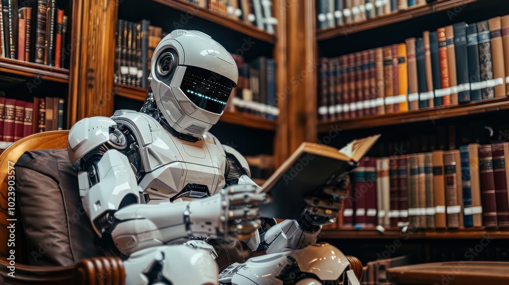 Fototapeta premium Robot is sitting in a library and writing on a piece of paper. The robot is white and has a robotic appearance. The library is filled with books, and the robot is surrounded by them
