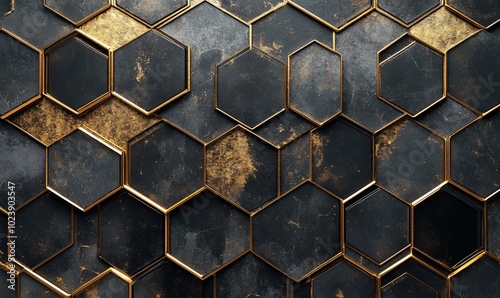 A wall of hexagonal tiles with gold accents