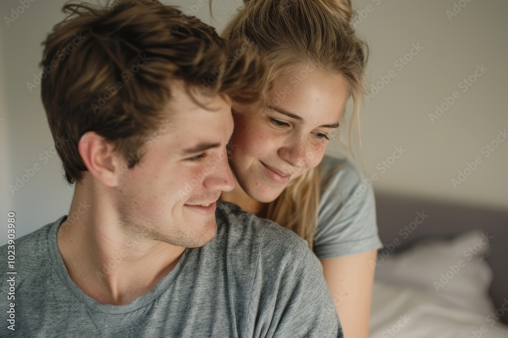 Happy couple enjoying a loving embrace in a comfortable indoor setting during their vacation, radiating joy and trust in each others presence Happy couple enjoying a loving embrace in a comfortable indoor setting during their vacation, radiating joy and trust in each others presence