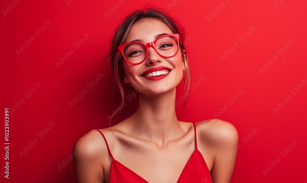 A woman in a red dress and red glasses is smiling A woman in a red dress and red glasses is smiling