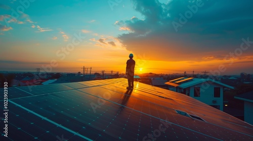 Early light installation of solar cells by technicians on a factory roof. Green tech