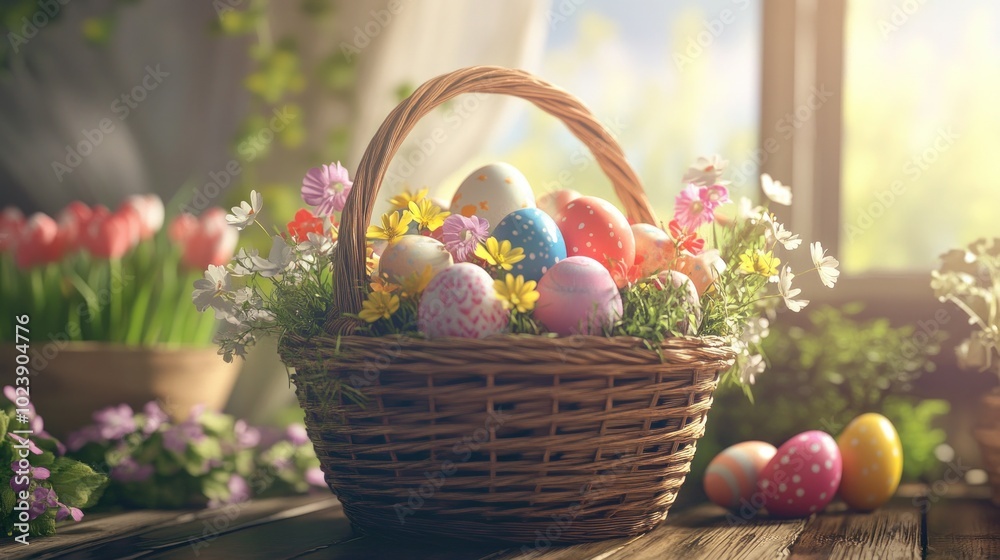 A Basket of Colorful Easter Eggs with Flowers A Basket of Colorful Easter Eggs with Flowers