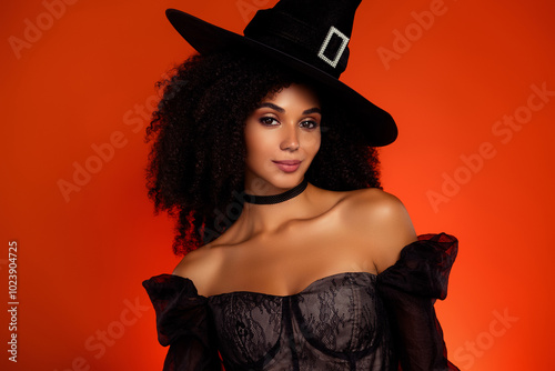 Portrait of powerful warlock lady flirty attract men with ritual spell magic on spooky creepy halloween midnight photo