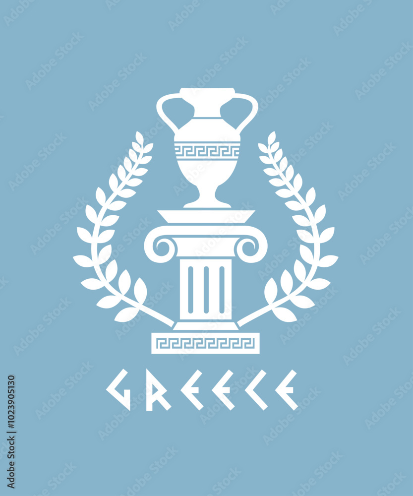 Naklejka premium ancient greek symbol with column, amphora and laurel isolated on blue background