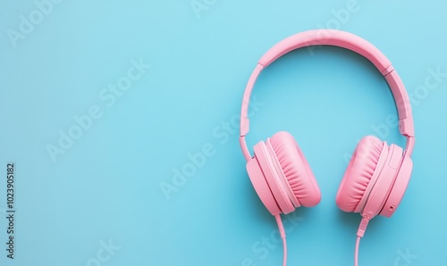 A pair of pink headphones on a blue background