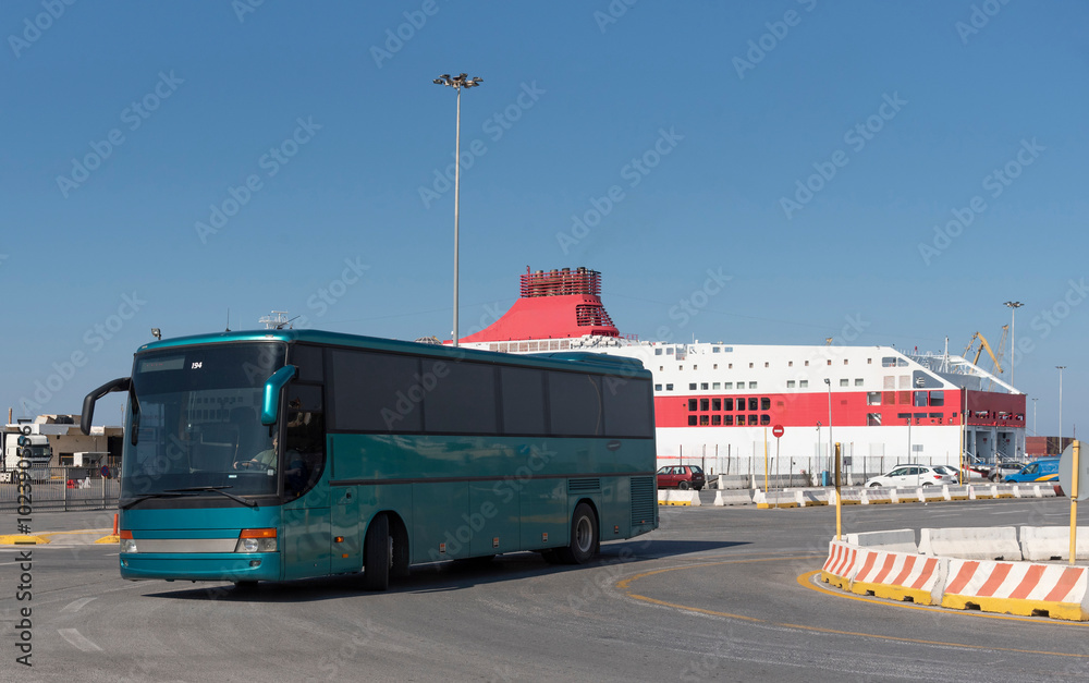 Keraklion Crete Greece. 24.04. 2024. Tourbus exiting the port of Heraklion in Crete. Keraklion Crete Greece. 24.04. 2024. Tourbus exiting the port of Heraklion in Crete.