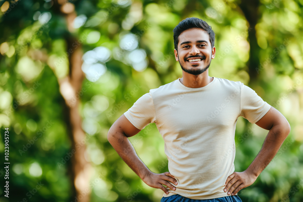 A smiling young man stands confidently with his hands on his hips, dressed casually in sportswear, enjoying the outdoors. Health, fitness, confidence, and outdoor lifestyle. A smiling young man stands confidently with his hands on his hips, dressed casually in sportswear, enjoying the outdoors. Health, fitness, confidence, and outdoor lifestyle.