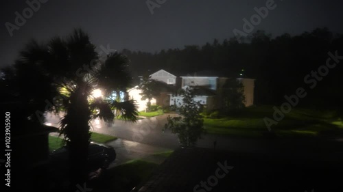 Hurricane big gust wind, heavy rain and lightning on landfall