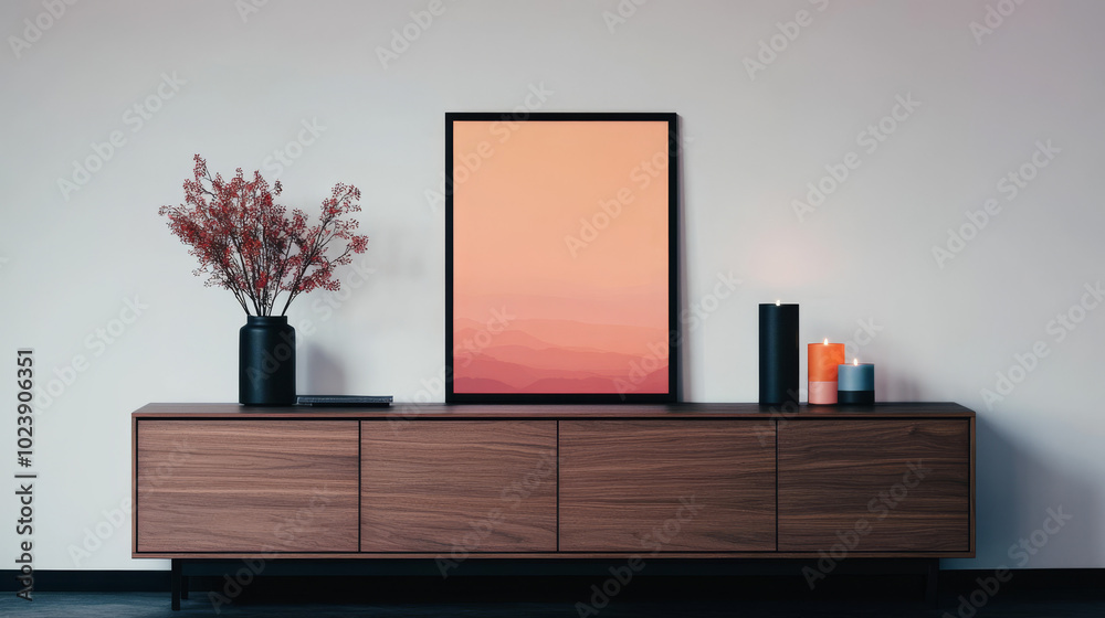 A modern living room with a wooden cabinet, red flowers in a vase, and framed abstract art.