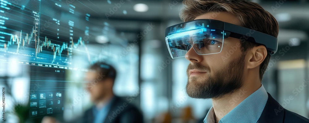 Business executives using augmented reality glasses to analyze financial data, stock trends, and futuristic charts projected around them in a corporate office