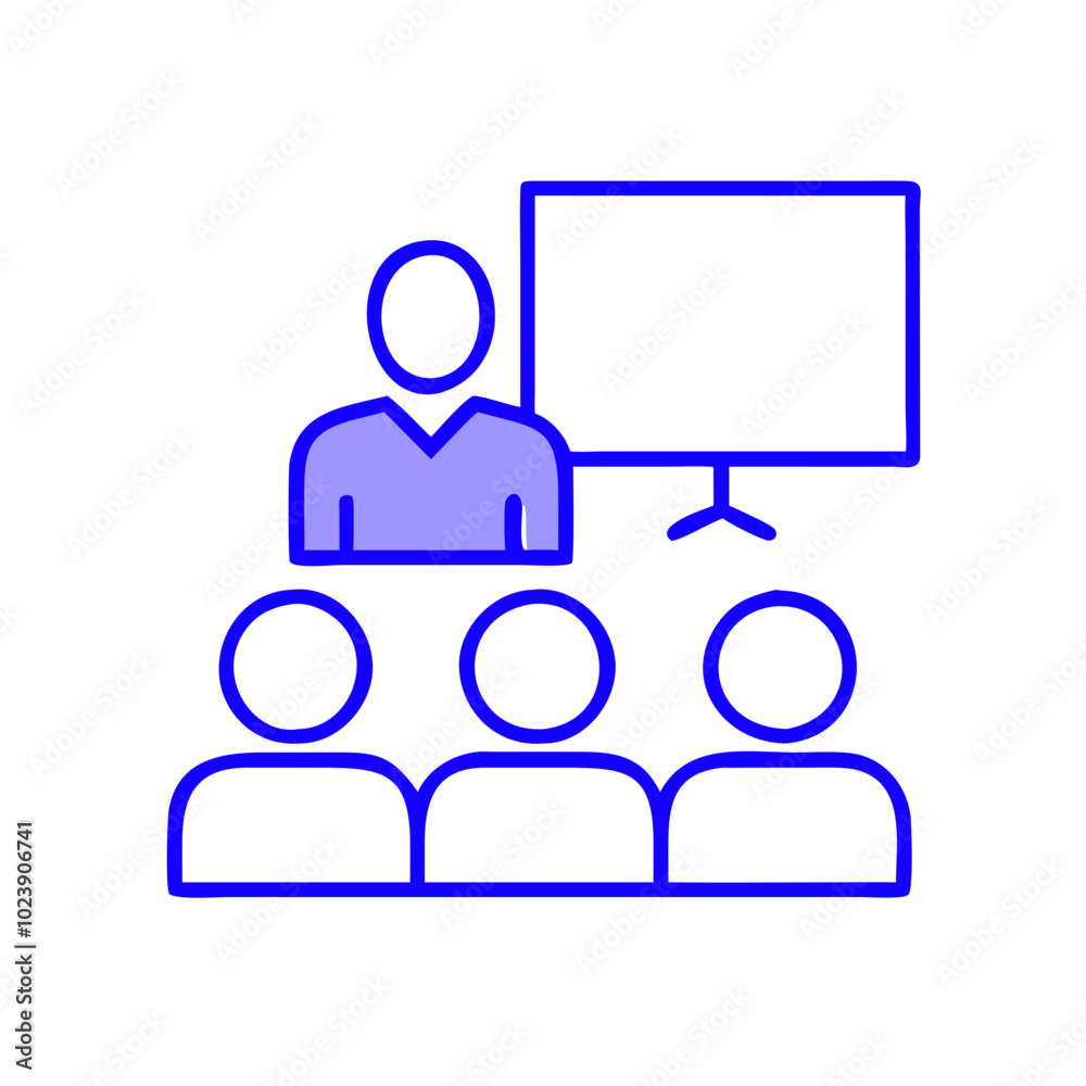 Presentation and training icon in blue outline, business education concept Presentation and training icon in blue outline, business education concept