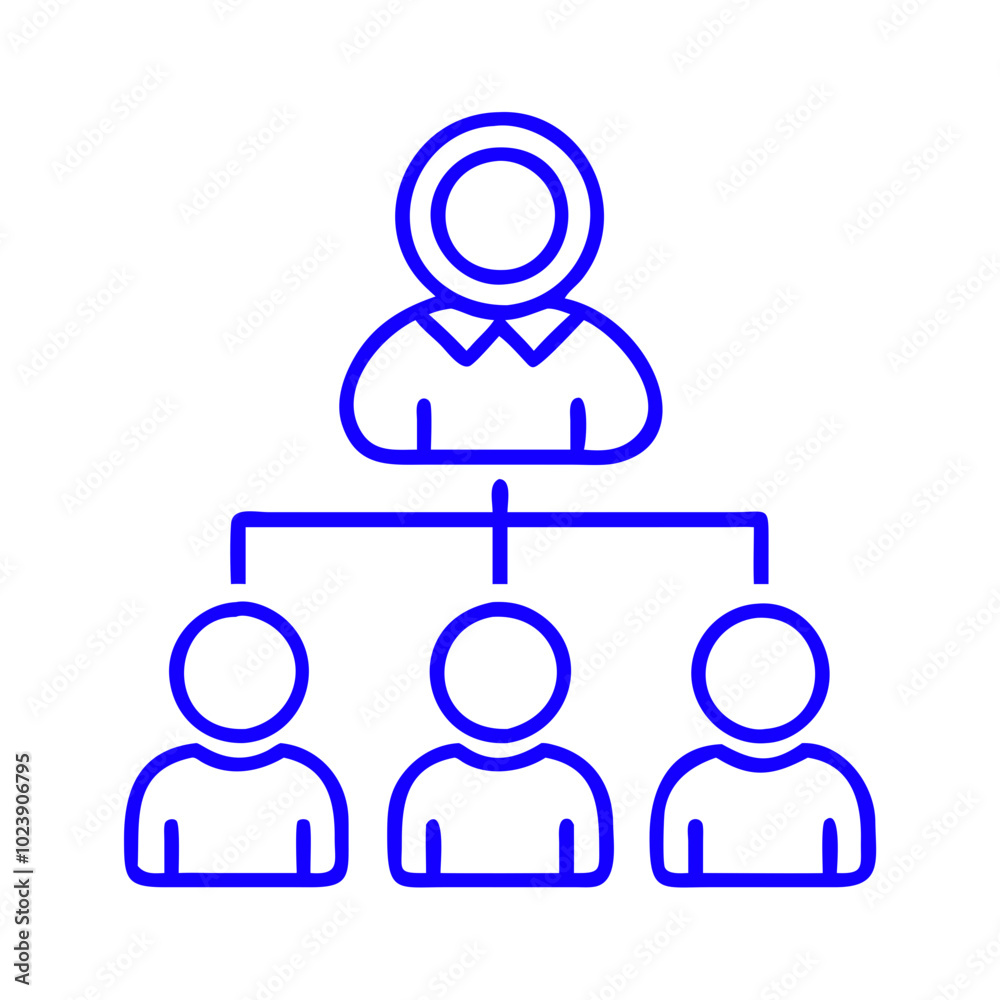 Management hierarchy icon in blue outline, corporate leadership structure Management hierarchy icon in blue outline, corporate leadership structure