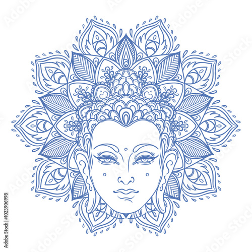 Buddha face over ornate mandala round pattern. Esoteric vintage vector illustration. Indian, Buddhism, spiritual art. Hippie tattoo, spirituality, Thai god, yoga zen Coloring book pages for adults.