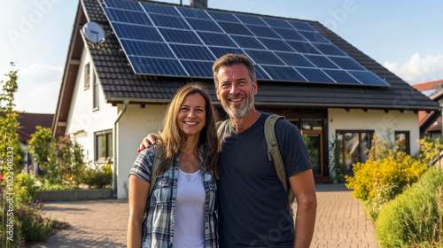 happy couple in front of large house with solar panels installed, in europe photo