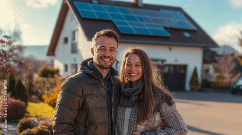 happy couple in front of large house with solar panels installed, in europe photo