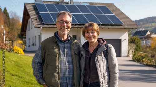 happy couple in front of large house with solar panels installed, in europe