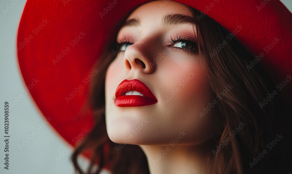 A woman with a red hat and red lipstick A woman with a red hat and red lipstick