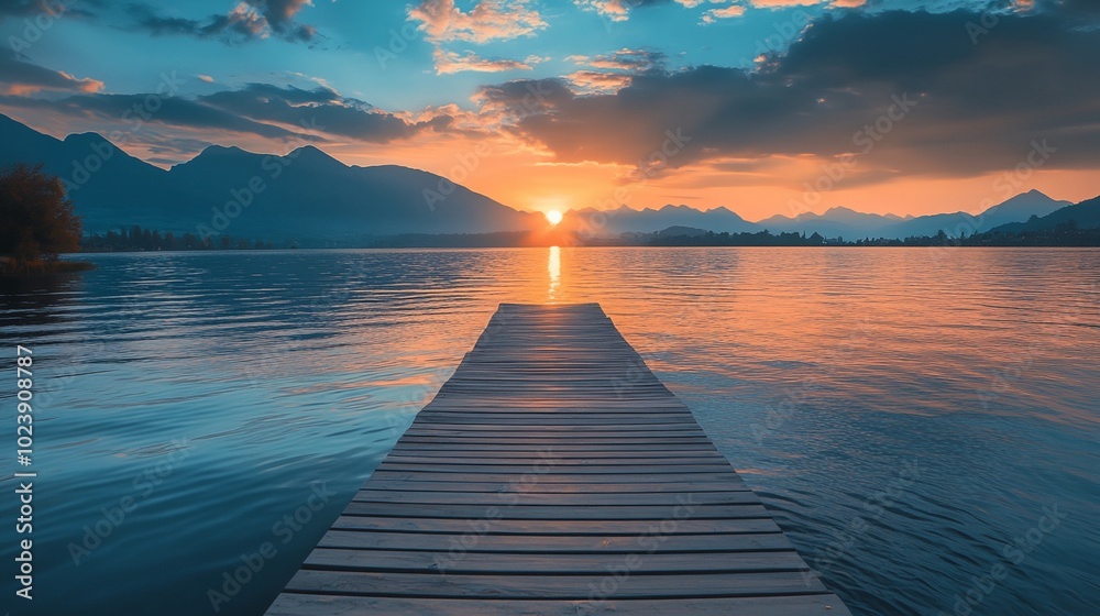 A wooden pier is in front of a body of water with a beautiful sunset in the background