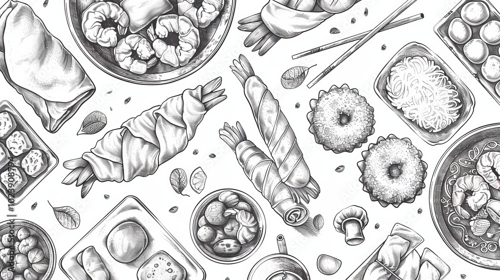 Fototapeta premium Seamless pattern with rough sketches of Thai appetizers like shrimp cakes, crispy pork belly, and fried spring rolls. Vector isolated on white background for menus