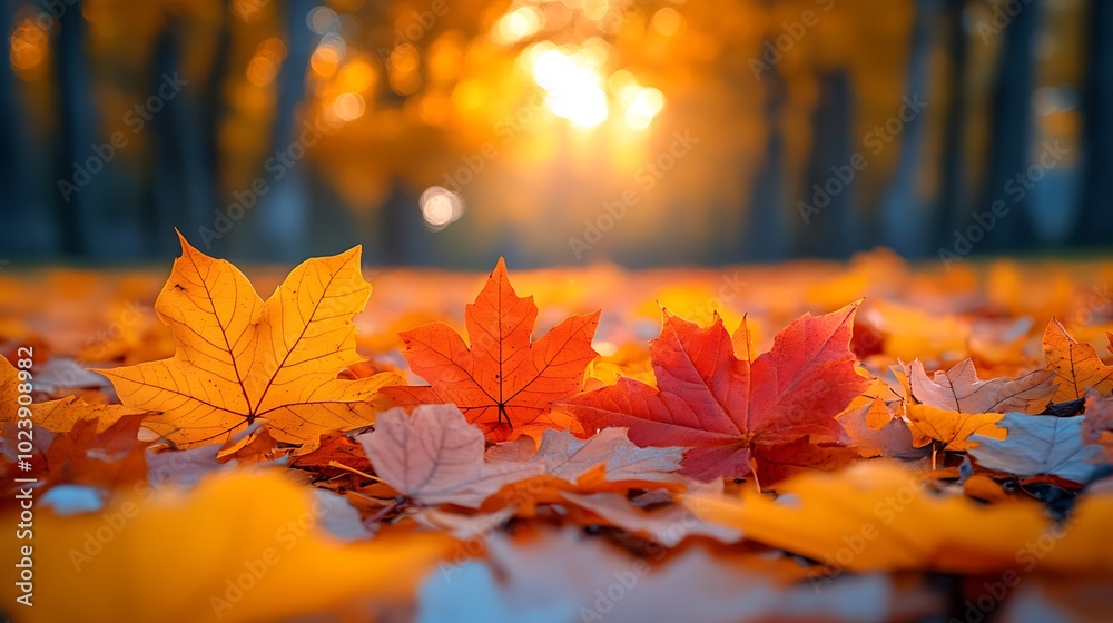 Three vibrant maple leaves in a bed of autumn foliage, backlit by the warm glow of the setting sun. Three vibrant maple leaves in a bed of autumn foliage, backlit by the warm glow of the setting sun.