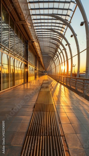 A long, covered walkway with a metal grate in the center. Golden light from the setting sun shines through the glass roof, creating a warm and inviting atmosphere.