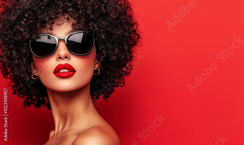 A woman with curly hair and red lipstick is wearing sunglasses