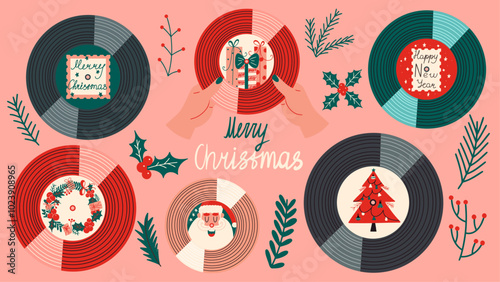 Christmas retro set with vinyl records.Vintage New Year elements. Flat cartoon icons. Vector design illustration. 