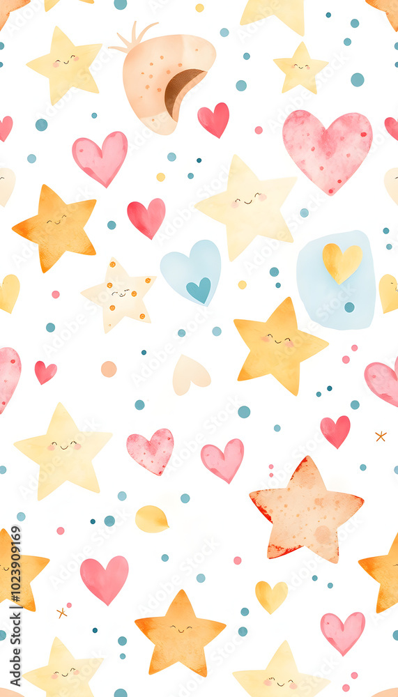 Seamless pattern in children's boho style. Watercolor cute stars. hearts and dots. Design for wallpaper, fabric, textile, print, packaging, baby room and newborn isolated with white highlights, png Seamless pattern in children's boho style. Watercolor cute stars. hearts and dots. Design for wallpaper, fabric, textile, print, packaging, baby room and newborn isolated with white highlights, png