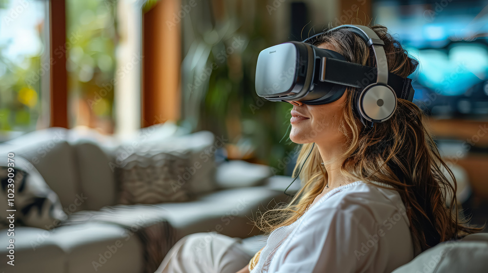 Woman is sitting on a couch wearing a virtual reality headset. She is looking at a television screen Woman is sitting on a couch wearing a virtual reality headset. She is looking at a television screen