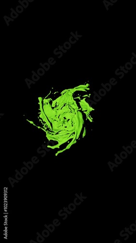 3D render. Drops of green liquid swirl on a gblack background. Vertical video.  photo