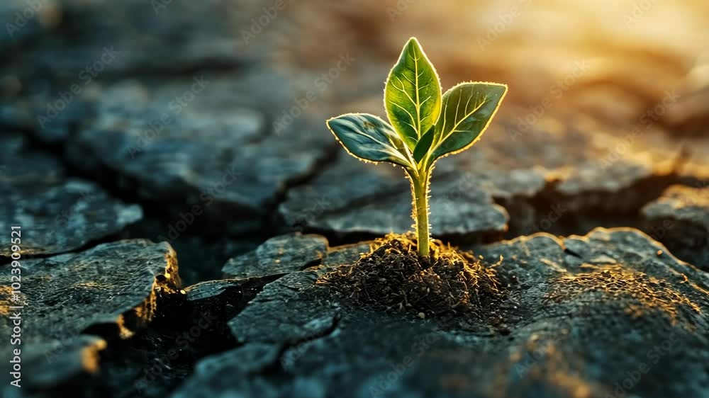 A small seedling pushes through cracked earth, symbolizing resilience in the face of adversity A small seedling pushes through cracked earth, symbolizing resilience in the face of adversity