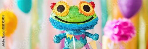 colorful kawaii frog pinata, party atmosphere 