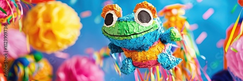 colorful kawaii frog pinata, party atmosphere 