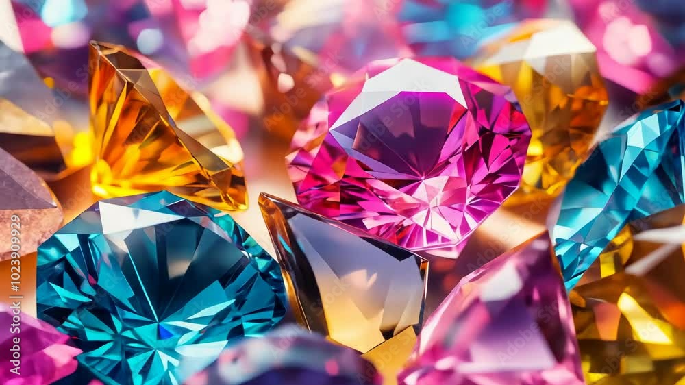 A close-up of colorful gemstones, including blue, pink, and gold, sparkling brightly under the light A close-up of colorful gemstones, including blue, pink, and gold, sparkling brightly under the light