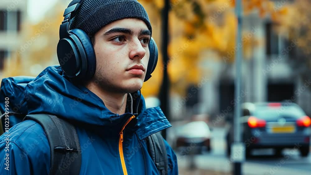 A young man wearing a blue jacket and headphones walks down a city street