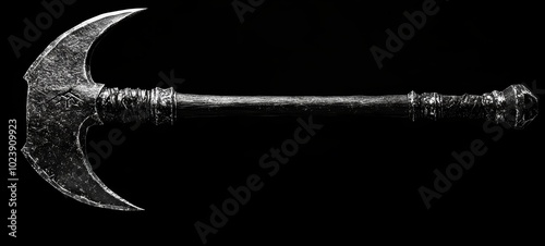 A simplistic outline of a battle axe with sharp, symmetrical blades and a basic handle, displayed in a bold, monochrome format for a striking visual