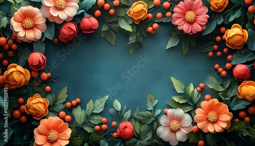 Wallpaper Mural  A circular arrangement of vibrant flowers and lush green leaves, creating a harmonious and natural display.
 Torontodigital.ca