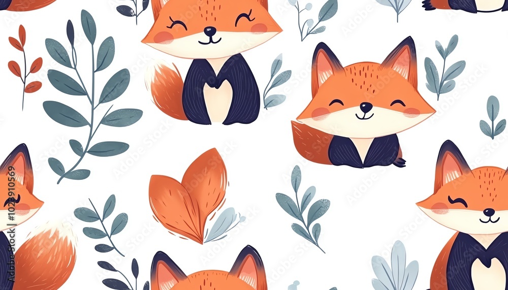 Obraz premium Cute fox pattern with leaves