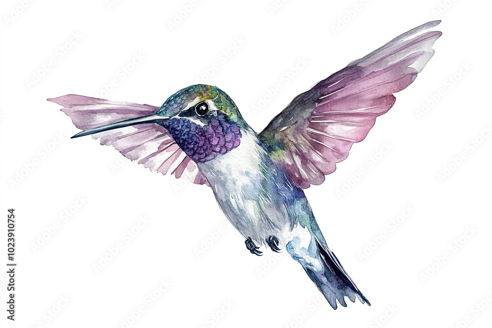 Obraz premium Watercolor hummingbird illustration with vibrant colors, isolated on a white background. Tropical bird hand-drawn clipart perfect for summer designs