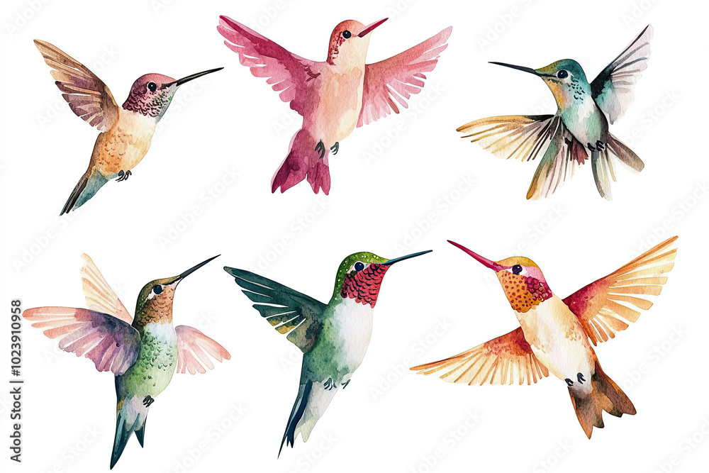 Obraz premium Watercolor hummingbird illustration with vibrant colors, isolated on a white background. Tropical bird hand-drawn clipart perfect for summer designs